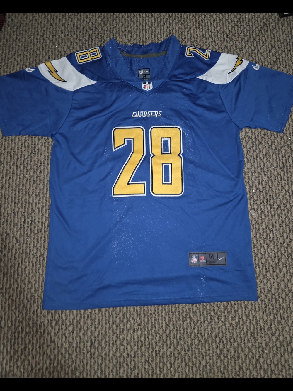 Nike Chargers #28 Royal Blue and Gold Football Jersey